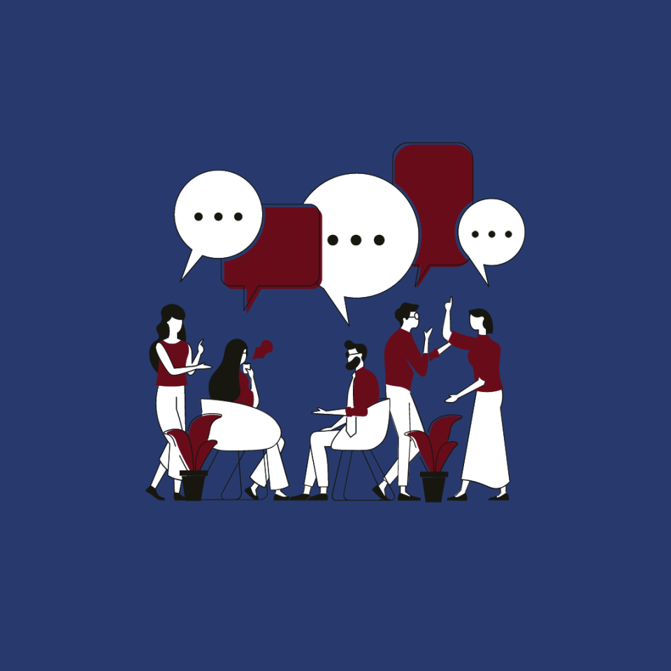 Cartoon of people in conversation - #talkingchange